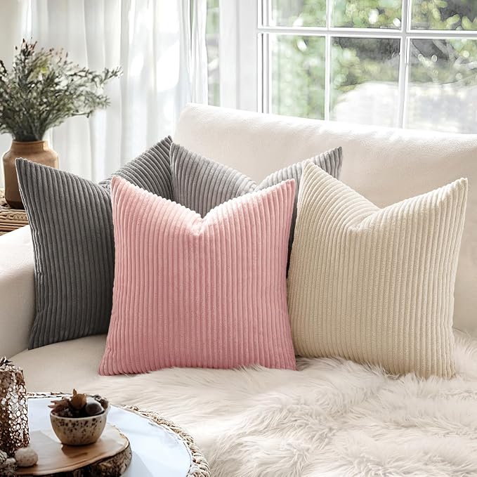 MIULEE Decorative Corduroy Throw Pillow Covers Set of 2 20x20 Pink | Soft Striped Textured Cushion Cases, Boho Square Lovely Cute Pillowcases, Home Decor for Couch Chair Sofa Bed Living Room