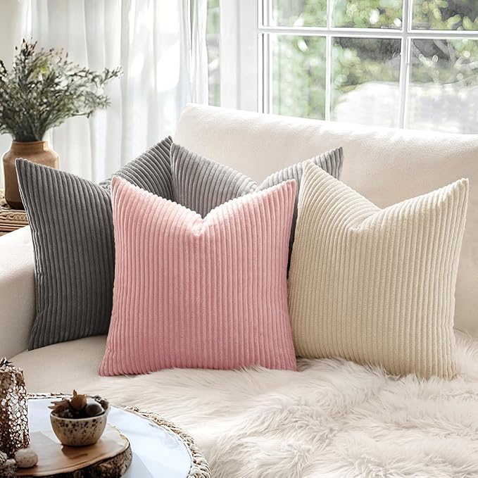 MIULEE Decorative Corduroy Throw Pillow Covers Set of 2 18x18 Pink | Soft Striped Textured Cushion Cases, Boho Square Lovely Cute Pillowcases, Home Decor for Couch Chair Sofa Bed Living Room