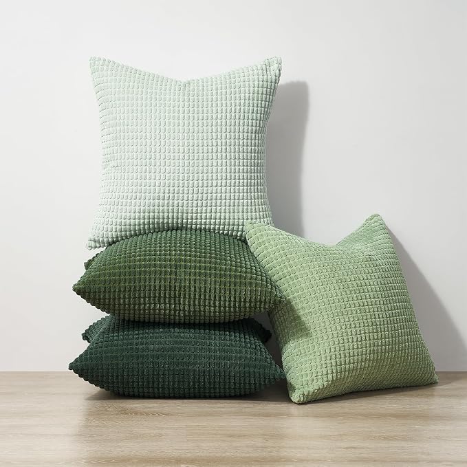 Topfinel Boho SageGreen Throw Pillow Covers for Couch Living Room,Summer Green Cushion Covers Room Decorative Fluffy Corduroy,Nordic Cushion Cover 18x18 Inch Set of 4 (Green/LightGreen/OliveGreen)
