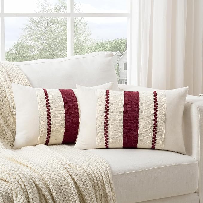 Fancy Homi Set of 1 Burgundy Boho Long Lumbar Decorative Throw Pillow Cover 16x24 Inch for Couch Bed Sofa, Aesthetic Modern Farmhouse Christmas Room Decor, Soft Cotton Cute Wind Red Cushion Case