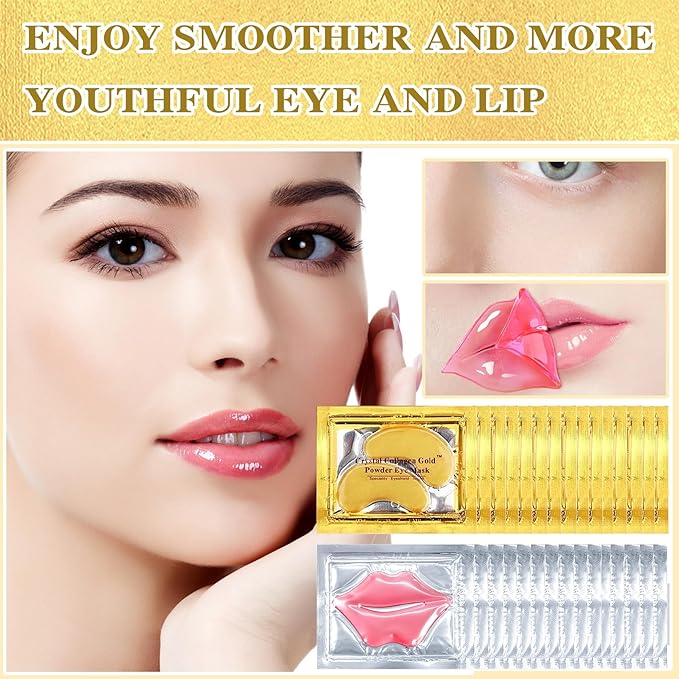 30PCS Lip Mask & Under Eye Mask, 24K Under Eye Patches for Puffy Eyes, Pink Lip Masks Skincare, Effectively Moisturizing the Skin, Reducing Fine Lines & Dark Circle