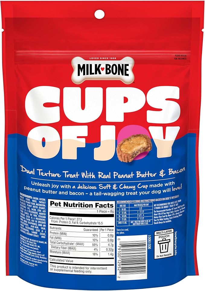 Milk-Bone Soft & Chewy Peanut Buttery Cups, 11.8 Oz. Bag | Filled soft dog treats with Jif peanut butter & real bacon