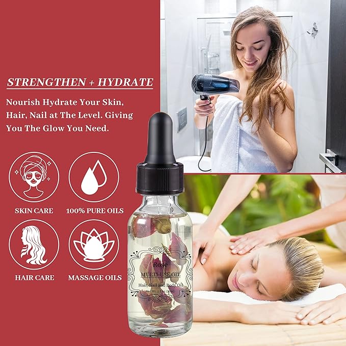 NP NATURES PHILOSOPHY Rose Multi-Use Oil, Organic Plant Fragrant Essential Oil Rose Oil for Face, Hair, Body, Nails Care and Massage - 1 Fl Oz