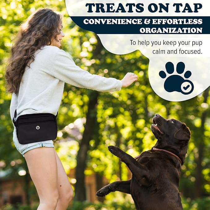 Puppington 3-in-1 Crossbody Dog Treat Pouch for Pet Training - Compostable Poop Bags, Built-In Poop Bag Dispenser, Slow-Feeding Travel Dog Bowl & Reflective Leash - Dog Walking Bag (Onyx Black)