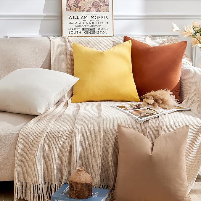 Throw Pillow Covers Yellow Set of 2 22x22 Inch Pillow Covers, Soft Velvet Fall Decorative Cases for Couch Sofa Bed, Home Boho Decor, Modern Farmhouse Cushion Covers