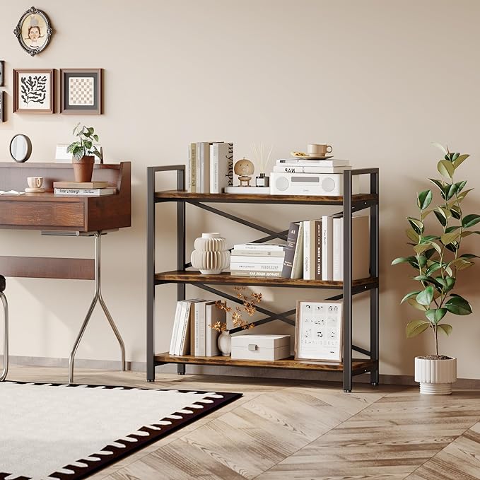 3 Tier Bookshelf 31.49" Width, Wood and Metal Etagere Bookcase, Vintage Farmhouse Modern Wooden Big Book Shelf for Home Living Room Bedroom Office Storage(Rustic Brown)