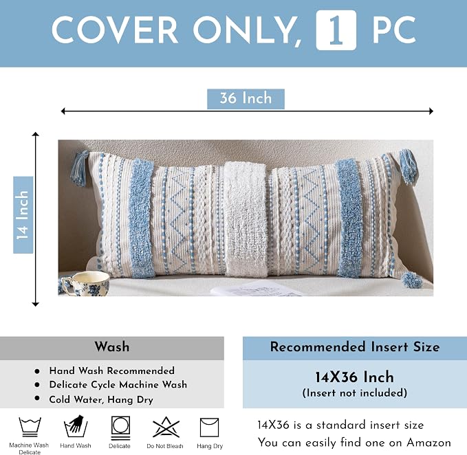 14x36 Lumbar Pillow Cover for Bed, Rectangular Long Decorative Throw Pillowcase, Boho Accent Cushion with Blue Tufted Pattern and Tassels, Cream Neutral (Cover Only)