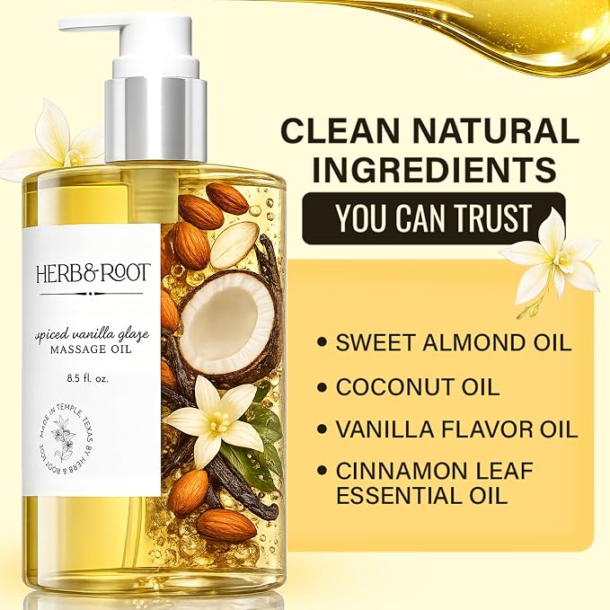 Edible Spiced Vanilla Glaze Massage Oil, 8.5 oz | Body Oil with Vanilla & Cinnamon, Made with Coconut & Sweet Almond Oils | Non-Sticky, Moisturizing, Aromatherapy Gift