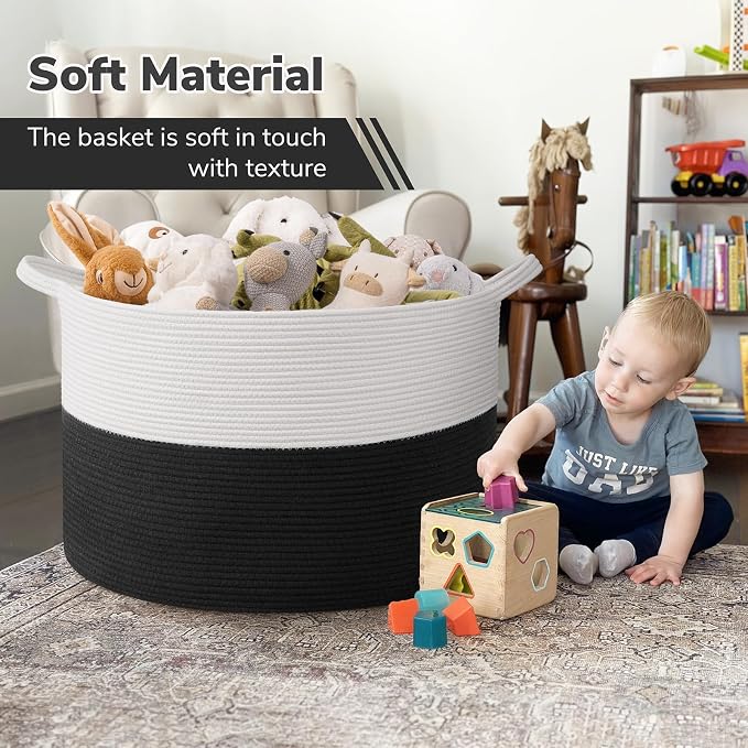 INDRESSME 115L Extra Large Woven Rope Blanket Basket Living Room WhiteBlack | 23.6" x 15.7" Storage baskets for toys laundry & pillows. Fits living room, bedroom or nursery décor. Soft-touch with handles