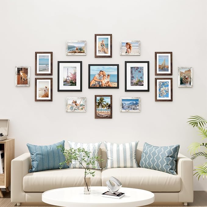 Vittanly 15 Pack Gallery Wall Frame Set, Black, Brown, Distressed White | Picture Frames Collage Wall Decor: 3pcs 8x10, 6pcs 5x7, 6pcs 4x6. Picture Frame Set for Wall or Tabletop Display