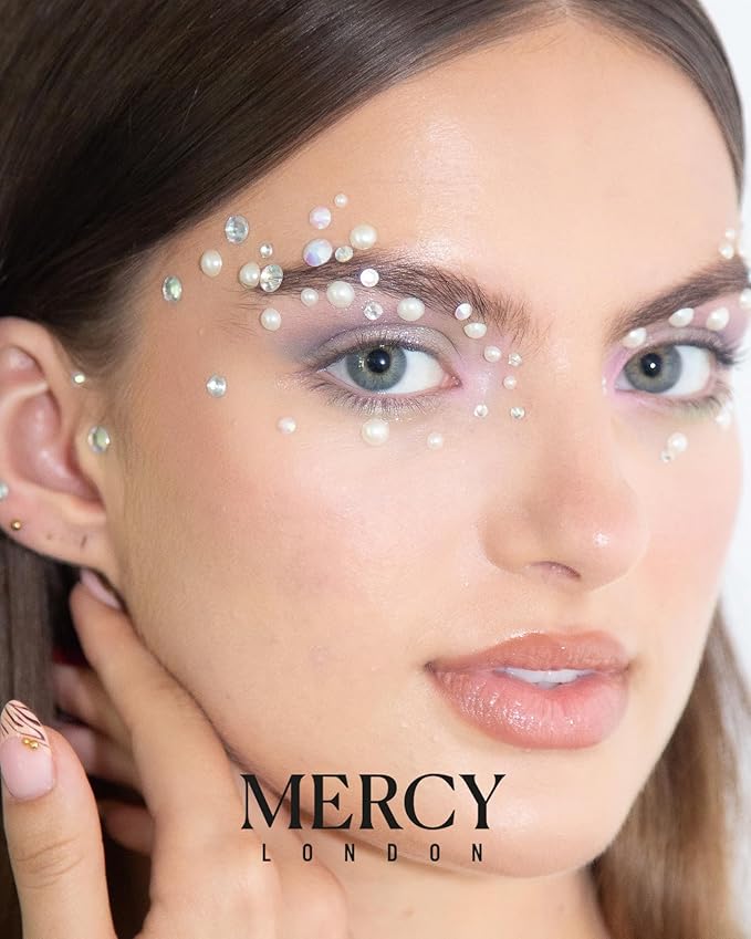 MERCY LONDON Face Gems in Pearl, 866 Self Adhesive Makeup Stickers, 4 Sheets, Reusable Eye Jewels, DIY, Mermaid, Icy, Ghost
