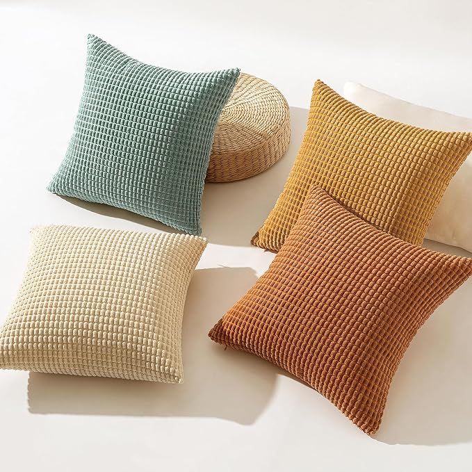 MIULEE Boho Decorative Pillow Covers 16x16 Inch Set of 4 Orange/Teal | Rustic Modern Fall Home Decor, Couch Throw Pillows, Autumn Corduroy Pillowcases for Sofa Living Room Bed