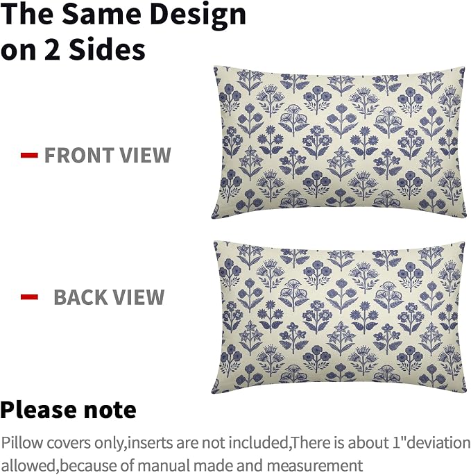 Navy Blue Floral Pillow Covers 12x20 Inch Set of 2, Block Print Lumbar Flower Cream Decorative Throw Pillowcases Outdoor Farmhouse Rectangle Cushion Covers Spring Summer Sofa Couch Bed Decor