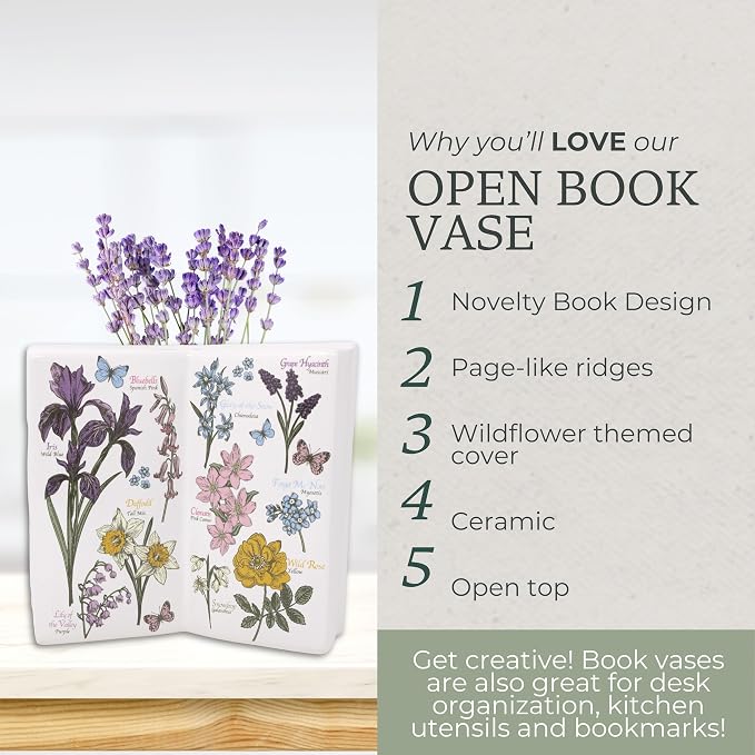 Steel Mill & Co. Ceramic Open Book Vase, Wildflowers | Vintage Inspired Flower Field Guide Decor Sculpture, Novelty Floral & Succulent Container or Bookshelf Sculpture Piece