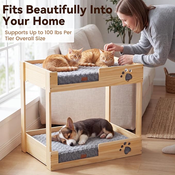 Wooden Bunk Dog Bed with 2 Memory Foam Beds | Modern Pet Furniture, Waterproof Liners, Washable Covers, 31.1 x 20.9 x 29.9 in, Bedside Window Perch, For Medium Dogs & Cats