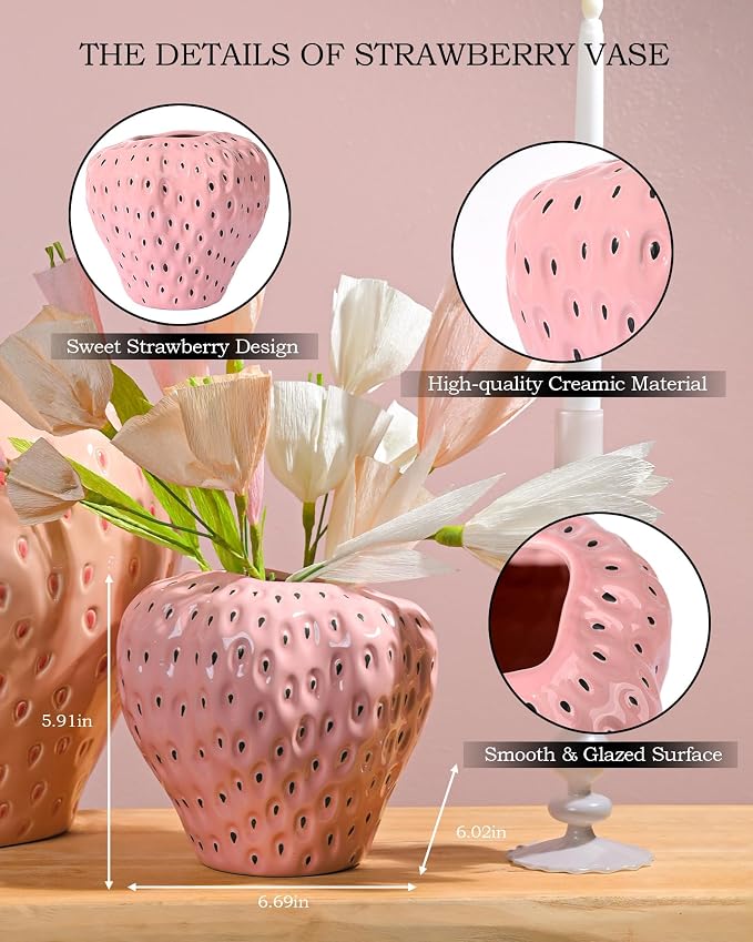DN DECONATION Pink Strawberry Vase for Flower, Fruit Vase for Party Kitchen | Strawberry Shaped Planter Pot, Unique Ceramic Fruit Vases for Strawberry Office Mantel, Mothers Day Gifts for Mom & Grandma