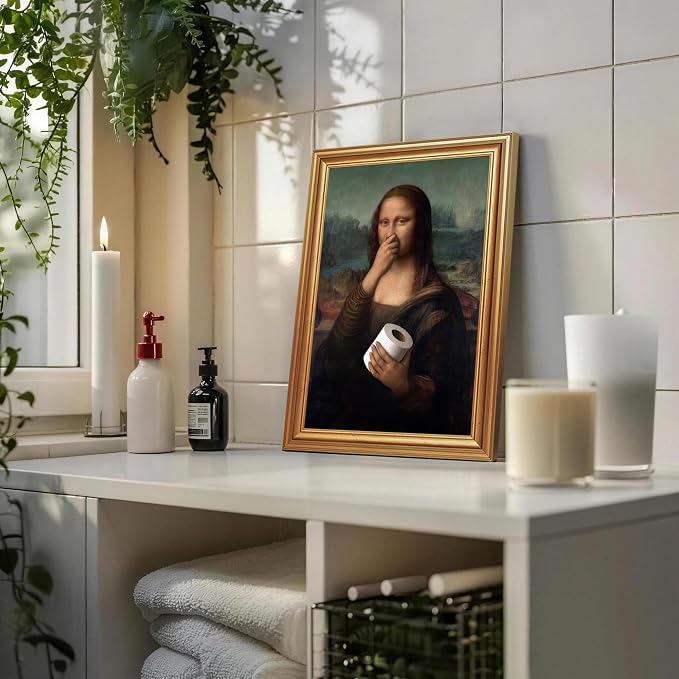ICHZUMW Gold Framed Funny Mona Lisa Toilet Paper Canvas Wall Art, 12x16 In | Quirky Humorous Parody Painting Bathroom Wall Decor, Restroom Powder Room Guest Toilet, Fade Resistant, Ready to Hang