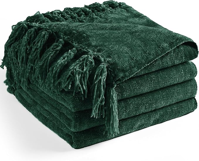 Chenille Throw Blanket for Couch 60" x 80" Twin, Dark Green | Soft Cozy Throws with Fringe Tassel, for Living Room Bed Sofa Chair Cover, Lightweight Knitted Boho Blankets Christmas Decor