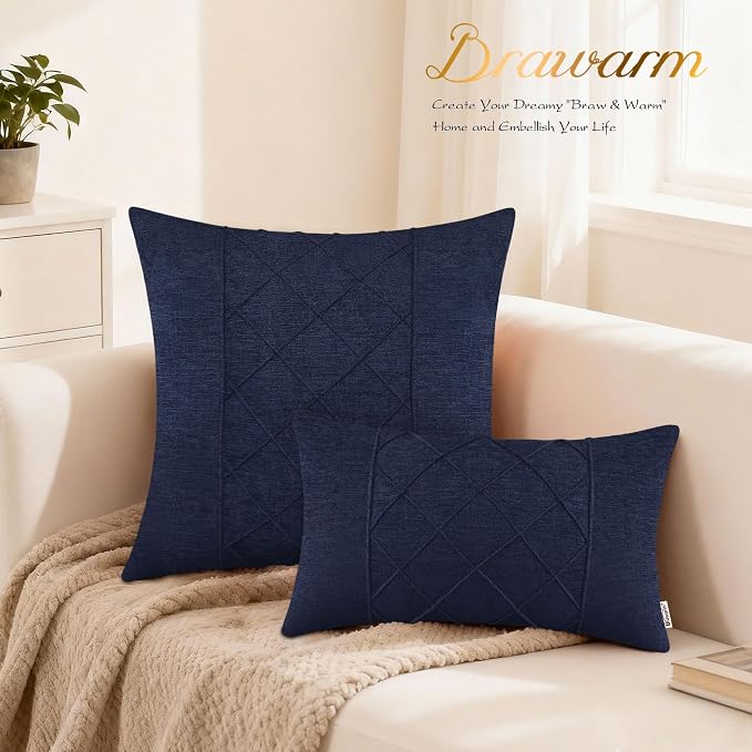 BRAWARM Chenille Throw Pillow Covers 20x20 Inches, Navy Blue, 2 Pack | Decorative Pleated Pillow Covers, Soft Cushion Cases for Sofa Bed Living Room Home Farmhouse (No Insert)