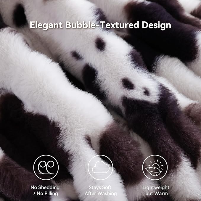 Faux Rabbit Fur Throw for Couch - Cow Brown Bubble Blanket 60"x80" | Fluffy Plush Fuzzy Throw for Sofa & Bed, Super Soft Cozy Comfrt Blanket, Luxury Aesthetic Cow Print Decor Gift for Women