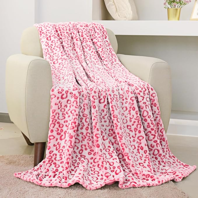 Flannel Fleece Leopard Print Throw Blanket Super Soft Lightweight Fluffy Twin Blankets for Couch, 60"X80",Hot Pink