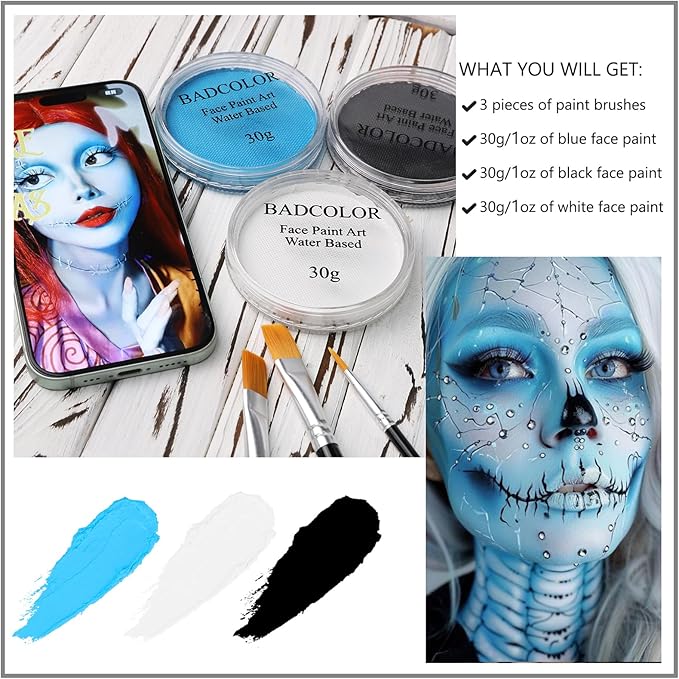 White Black & Light Blue Sally Makeup Face Body Paint, Corpse Bride Face Painting Kit with Painting Brushes for Halloween, Water Based Face Paints for Smurf Avatar Mermaid & Demon SFX Costume Make-Up