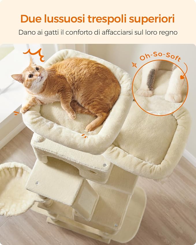 Feandrea Cat Tree, 81.1-Inch Large Cat Tower, Multi-Level Plush Condo with 13 Scratching Posts, 2 Perches, 2 Caves, Basket, Hammock, Pompoms, Beige UPCT190M01
