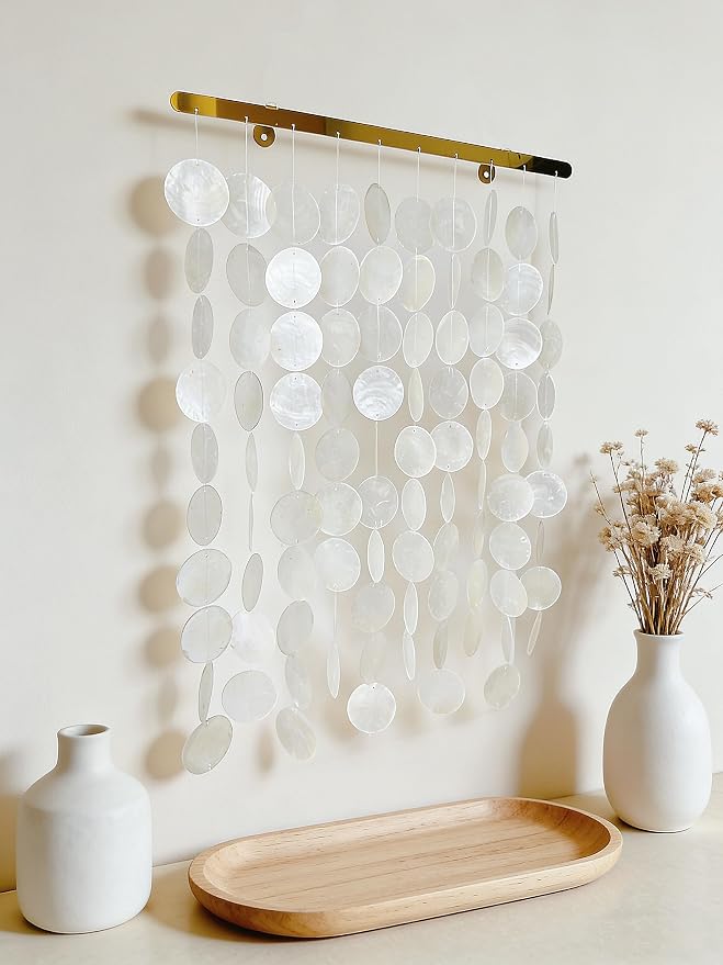 DHHOUSE Handmade Capiz Shell Wall Art, 16x22 Inch Coastal Shell Wall Hanging ornaments with Stainless Steel Rail for Wall Decor