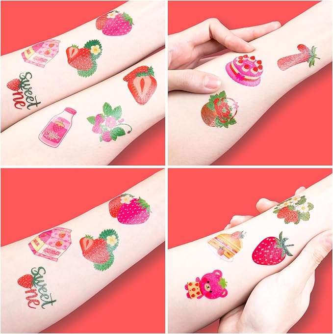 96PCS Strawberry Berry Pre-Cut Temporary Tattoos for Kids | Super Cute 1st Themed Birthday Party Favors, Supplies, Decorations, Funny Fake Tattoo Stickers (Multiple)
