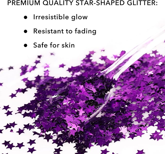 Nail Glitter - Violet Stars Chunky Glitter in Jar - 2,5 Oz Glitter for Crafts - Glitter for Slime - Face Glitter - Candle Glitter - Body Glitter