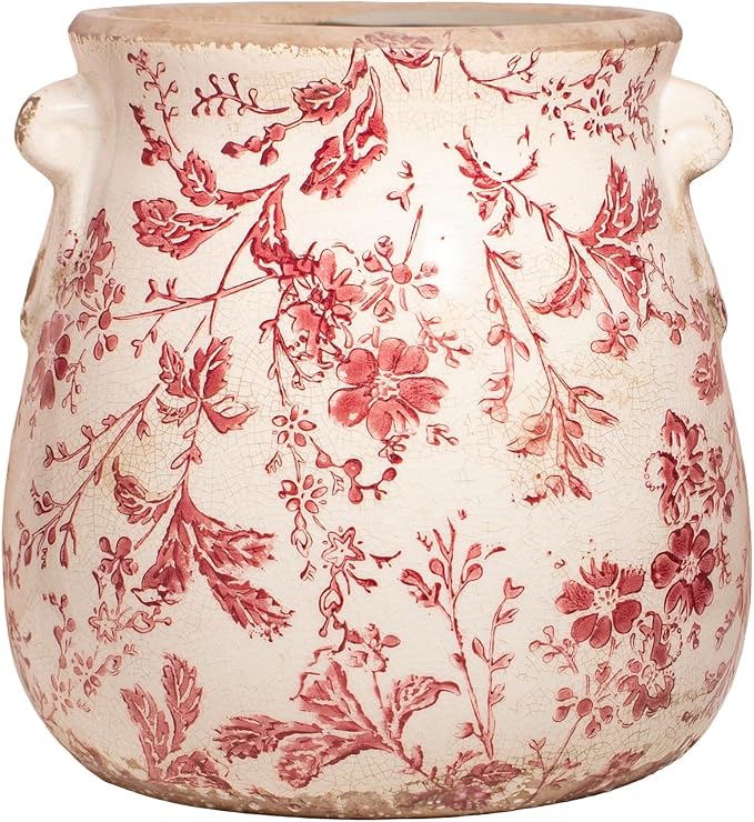 Antique Ceramic Planter & Vase for Home Decor, Rustic Farmhouse Flower Pot | 6.68 Inch Indoor Decorative Plant Pots, Vintage Ornament, Perfect for Bookshelf & Tabletop, Unique Gifts for Women, Red