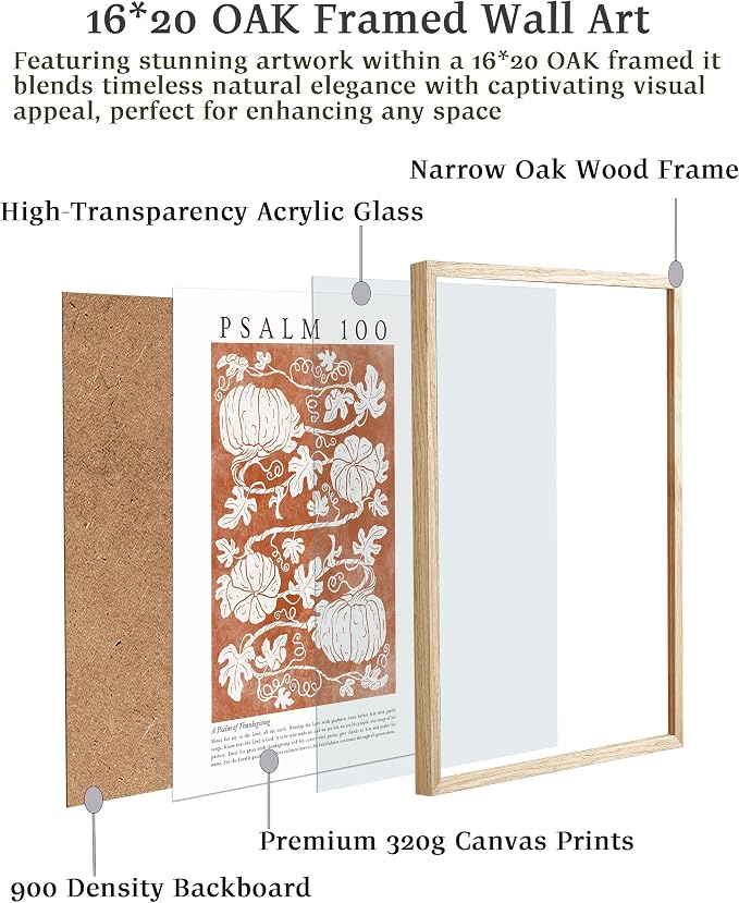 EcoHest 16x20in Psalm 100 Pumpkin Thanksgiving Botanical Christian Wall Art | Solid Oak Wood Frame with Canvas Wall Art, Fall Scripture Bible Verse Decor for Bedroom, Living Room, Office, Church, 1Pack