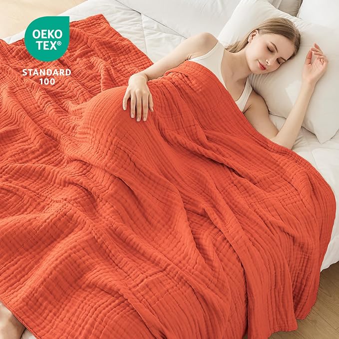 EMME Cotton Muslin Queen Blanket Bed Layering Bedspread Coverlet Breathable Gauze Soft Lightweight Adults (Heather Orange Rust, 90"x90")