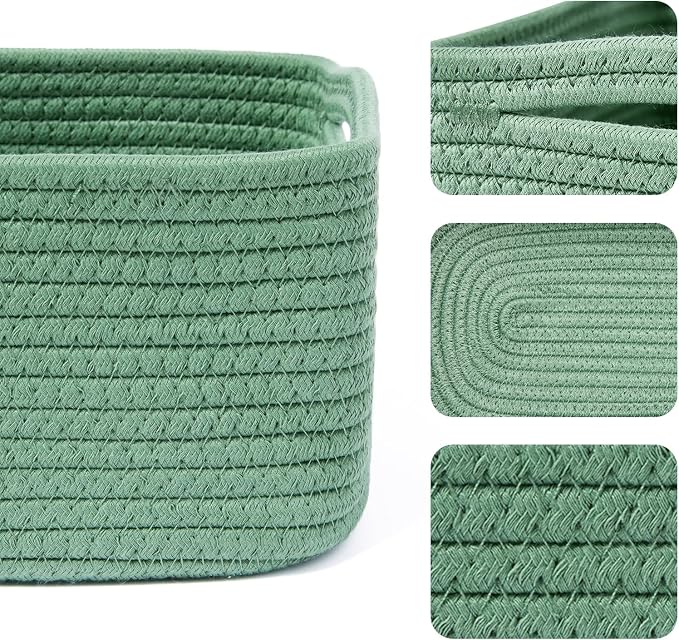 MiniArk Small Storage Baskets for Organizing | Closet Organizer Bins | Shelf Toy Basket | Woven Rope Baskets | Cube Decorative Box | Shallow Basket | 13x8.5x5.1” | 4 Packs Green