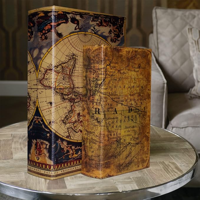 Decorative Book Box Set of 2, Trinket Keepsake Storage Boxes Book | Shaped Storage Box Vintage Style Decorative Faux Books Boxes Globe Antique Books for Home Decoration Old World Map Pattern