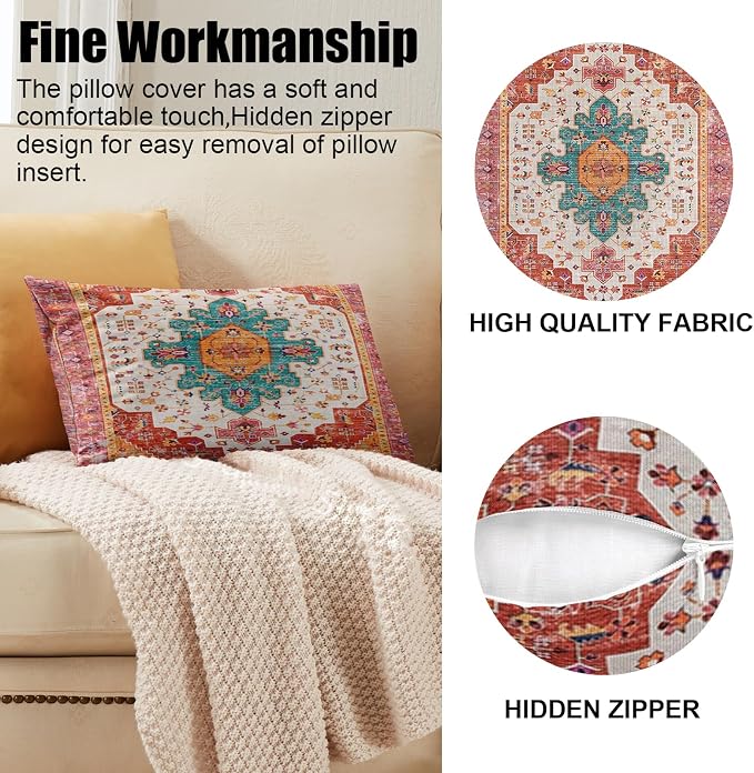 Boho Throw Pillow Covers 12x20 inch Set of 2,Soft Pillowcases Bohemia Carpet Printing Pattern Decorative Sofa Living Room Bed Rectangle Pillow Case Cushion Cover-Reddish Orange