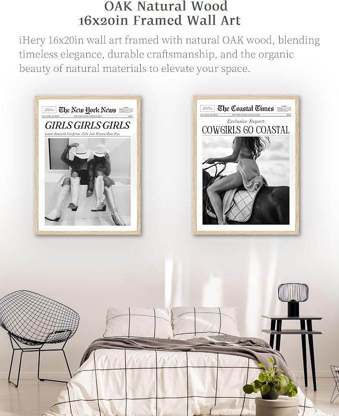 iHery 16x20in Girls Just Wanna Have Fun Framed Newspaper Wall Art | Natural OAK Wood Frame with Canvas Print, Western Cowgirl Decor for Bedroom, Dorm, Living Room and Bar Cart, 1Pack