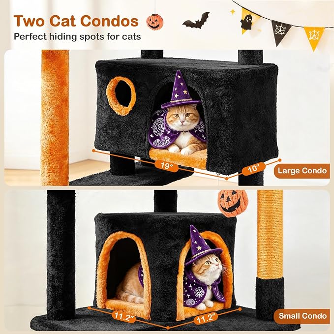 Yaheetech 54in Gothic Cat Tree, Multilevel Indoor Halloween Cat Tower | Activity center with cute kitten-ear perch, scratching posts, 2 kittens caves, black/pumpkin orange halloween decor
