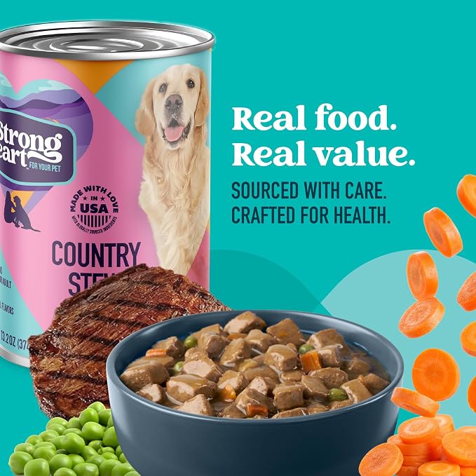 A Strong Heart Beef Stew Dog Food, Peas & Carrots, 13.2oz, 12pk | Stew-style cuts, complete & balanced all life stages, Made in USA, full meal not a topper