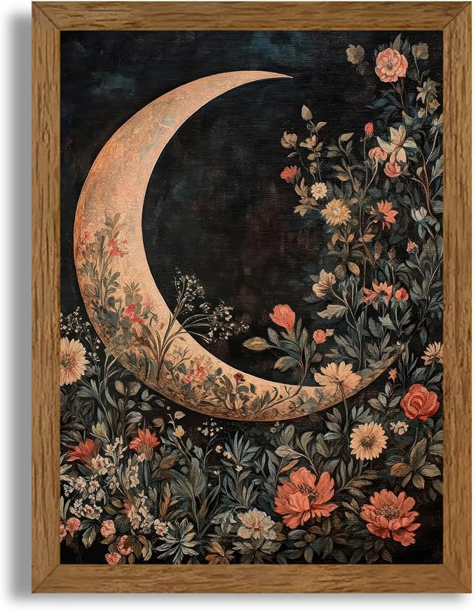 JLTULT Floral Moon Wall Art, Gothic Botanical Framed Canvas, 12 x 16 In | Dark floral moon art on fade-resistant canvas with a ready-to-hang wood frame for bedrooms, living rooms and bathrooms
