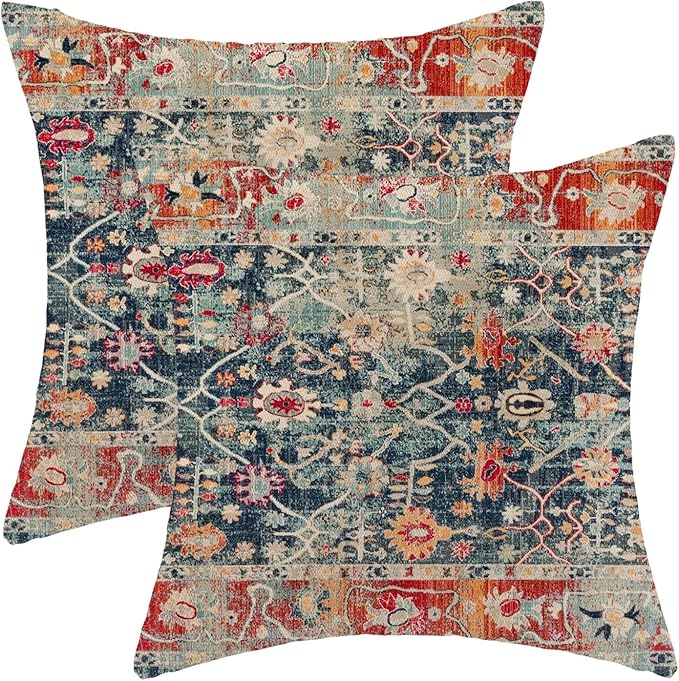 Boho Pillow Covers 22x22 Inch Set of 2,Navy Blue Burnt Orange Ethnic Design Throw Pillows Case,Carpet Pattern Outdoor Decorative Square Linen Farmhouse Decor Cushion Covers for Home Sofa Bed Couch