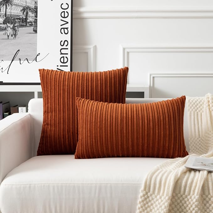 UGASA Fall Velvet 26x26 Inch Soft Throw Pillow Covers Decorative Corduroy Striped Both Sides Solid Square Cushion Cases Boho Farmhouse for Couch Bedroom Sofa Home, Pack of 2, Burnt Orange