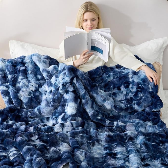 Cozy Bliss Deluxe Striped Rabbit Faux Fur Throw Blanket, Soft Fluffy Warm Plush Blanket for Winter, Modern Homr Decor, Tie-dye Blue 60"x80"