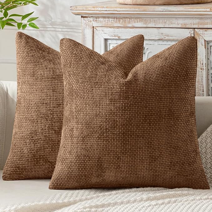 MIULEE Decorative Couch Throw Pillow Covers 18x18 in Golden Brown 2 Pack | Modern Boho Neutral Accent Pillows, Soft Chenille Pillow Covers, Farmhouse Cushion Cases for Home Decor Bed Sofa Living Room