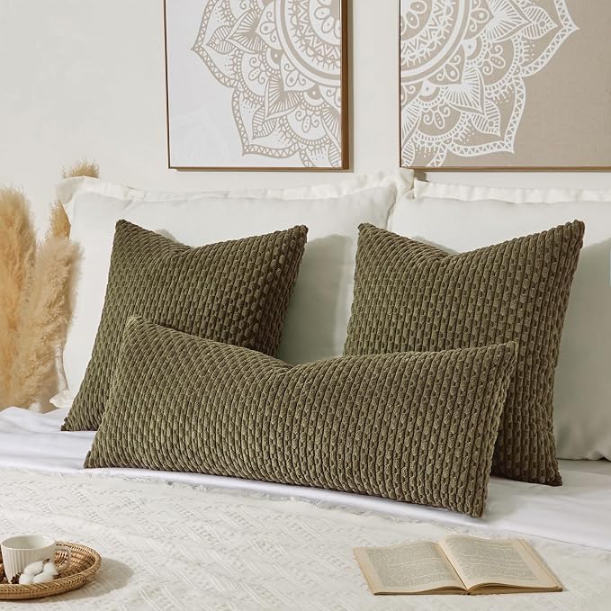 Kevin Textile Soft Corduroy 14"x36" Lumbar Pillow Cover 1 Pack, Olive Green | Boho Stripe Plush Corduroy Decorative Oblong Cushion Cover Modern Farmhouse Home Decor for Sofa Couch Bed Chair
