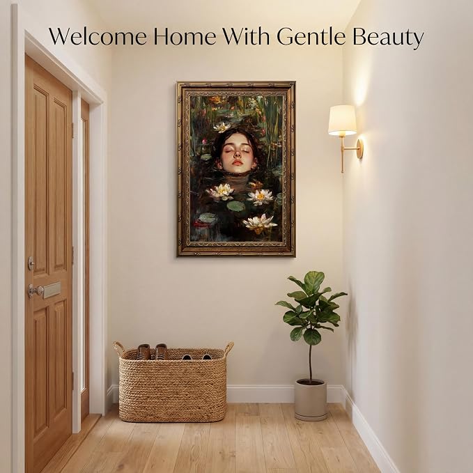 Vintage Gold Framed Gothic Wall Art, Ophelia Inspired Woman Portrait Print | Dark Academia Romantic Victorian Oil Painting Canvas Print Picture Wall Decor for Living Room Bedroom Office, 16x24 Inch