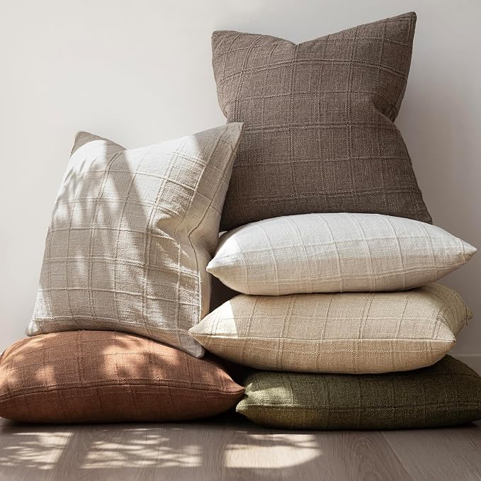 Foindtower Set of 2 Decorative Linen Check Throw Pillow Covers Neutral Farmhouse Vintage Cushion Covers Modern Boho Home Decor for Sofa Chair Couch Bedroom Living Room,16×16 Inch,Taupe Grey