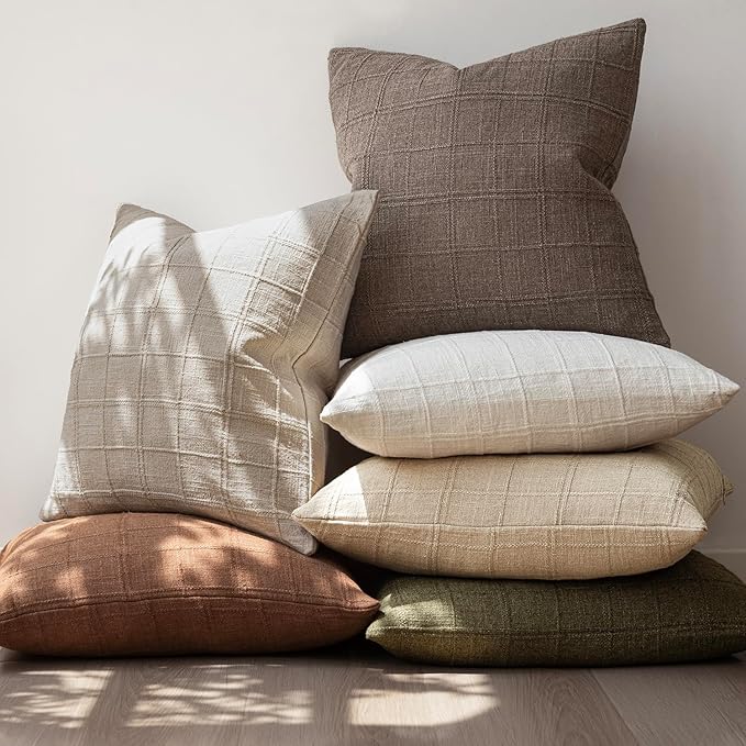 Foindtower Set of 2 Decorative Linen Check Throw Pillow Covers Neutral Farmhouse Vintage Cushion Covers Modern Boho Home Decor for Sofa Chair Couch Bedroom Living Room,22×22 Inch,Taupe Grey