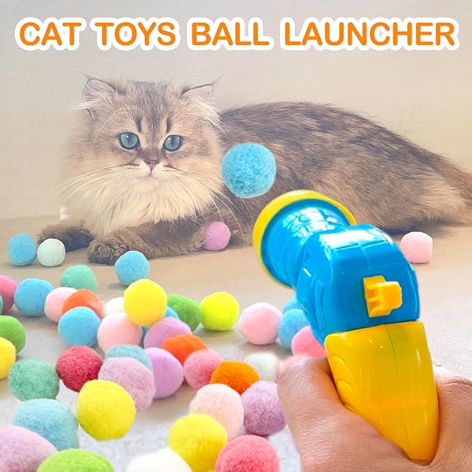 MeoHui 31Pcs Cat Ball Toy Launcher Gun, Cat Balls Fetch Cat Toys | 30Pcs Plush Fuzzy Balls Launcher Cat Toy with 1 Gun, Funny Interactive Cat Toys for Indoor Cats, Cute Kitten Kitty Toys