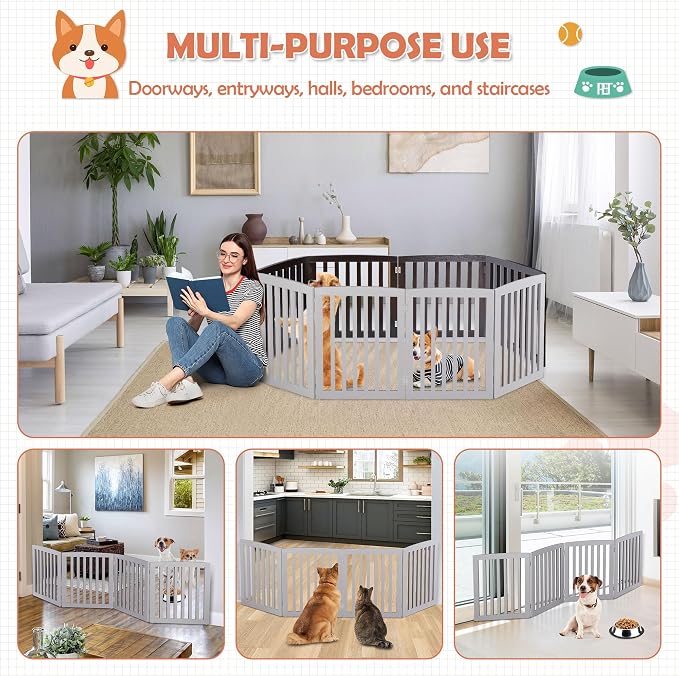 Dog Gate Pet Gate for House, Stairs, Hallways, Doorways 82x24 Inch 4 Panels Foldable Dog Fence for Indoor Extra Wide Wooden Grey